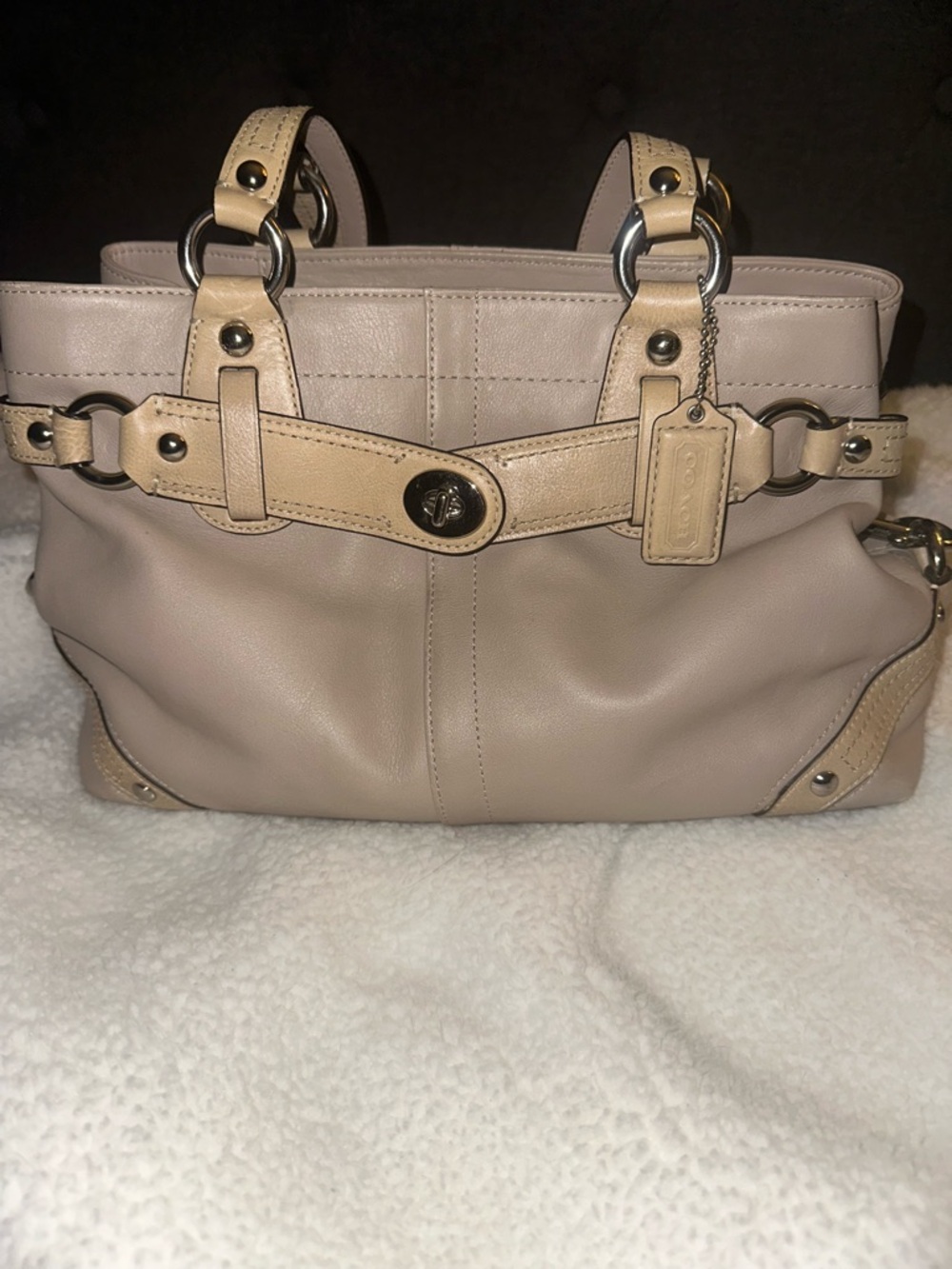 Coach Carly 13236 Taupe and Beige Leather Shoulder Bag with Turnlock Detail